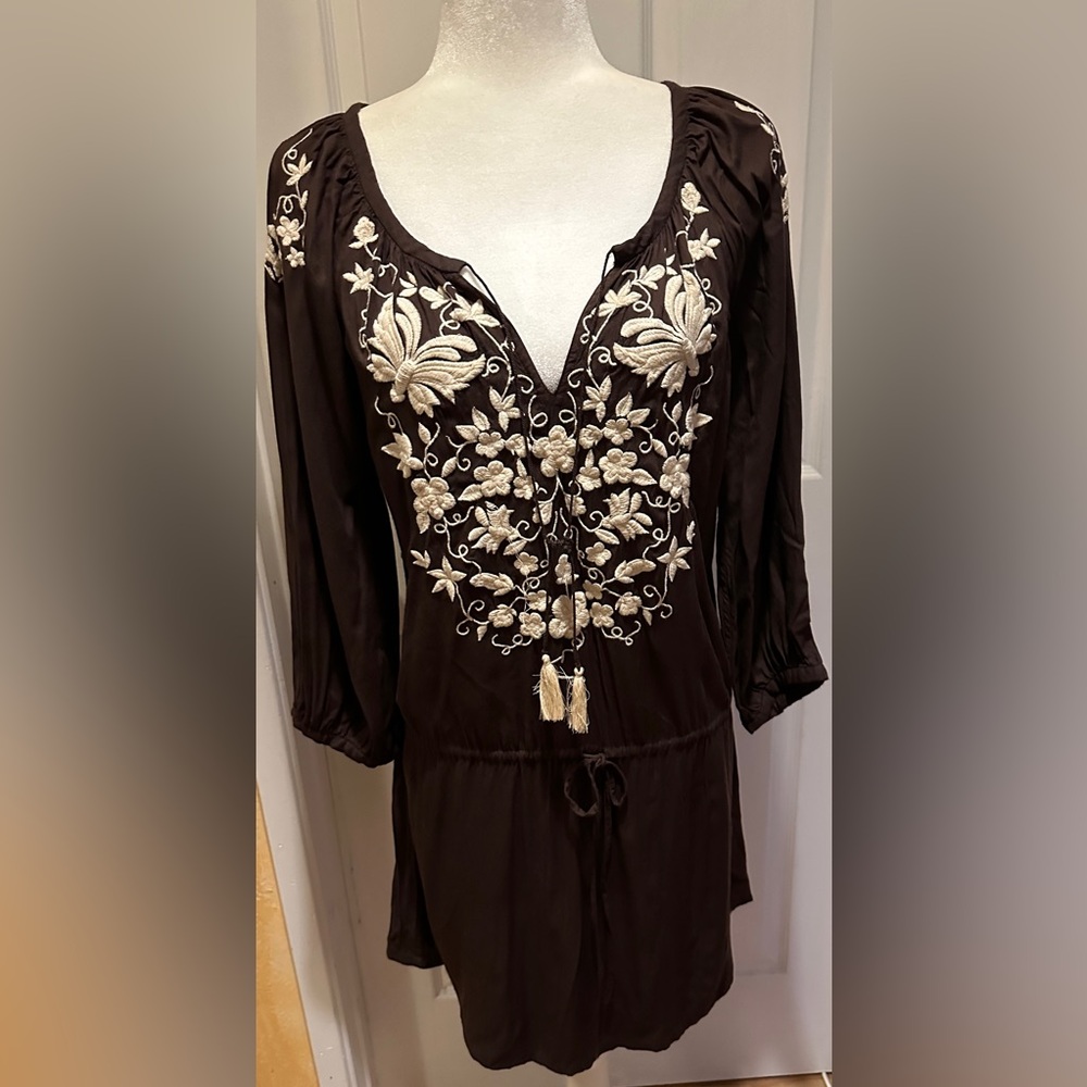 Lucky Brand Dress Brown Long Sleeve Embroidered Size Small